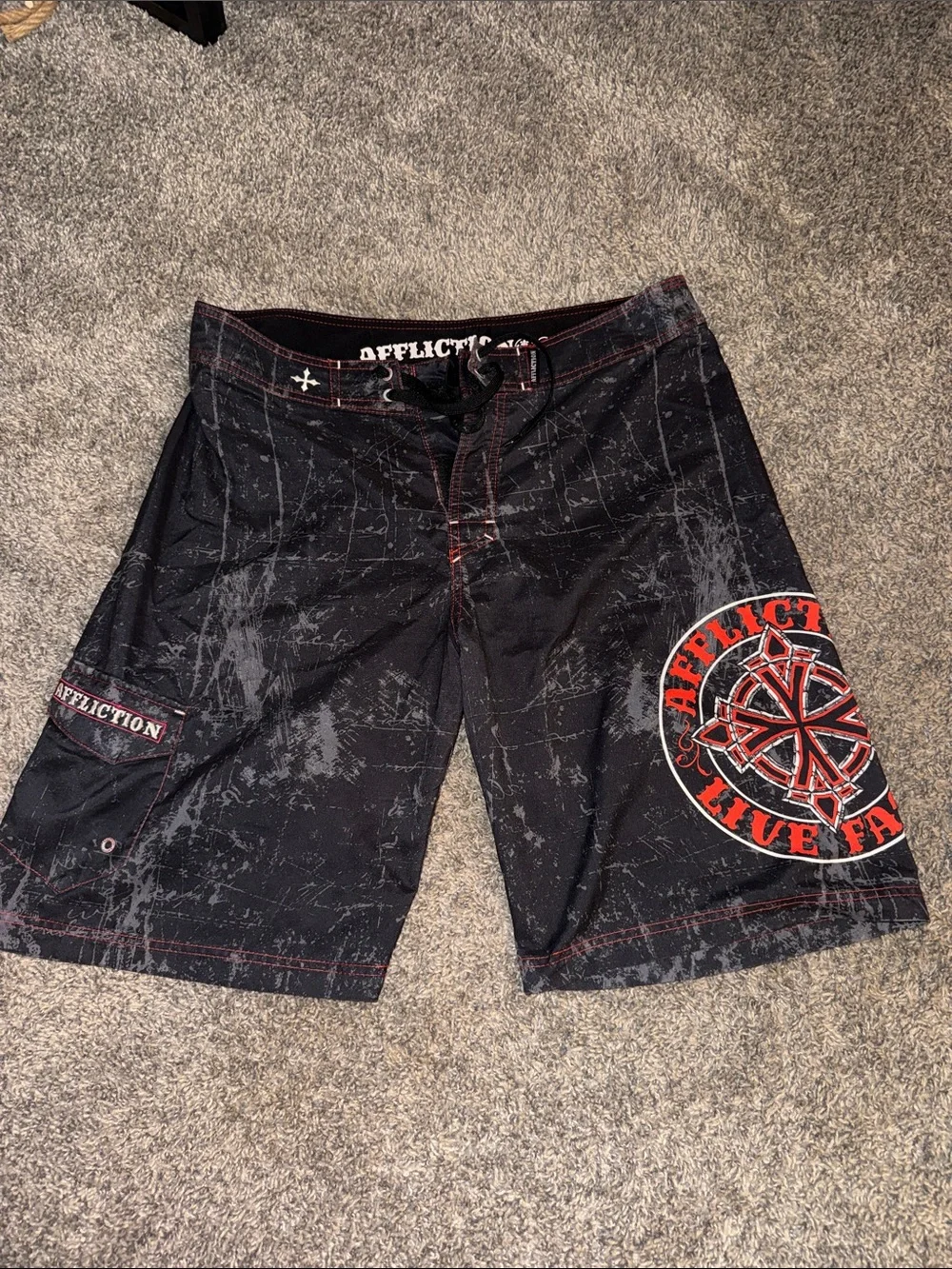 Mens Affliction Black Swim Board Shorts with Red Graphic Accent